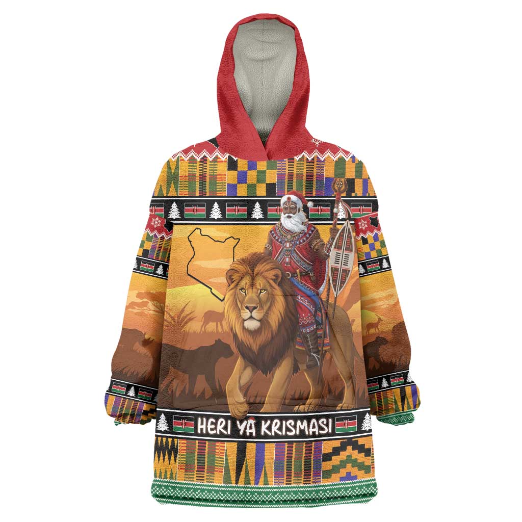 Kenya Safari Christmas Wearable Blanket Hoodie Black Santa Riding Lion - Heri ya Krismasi - Wonder Print Shop