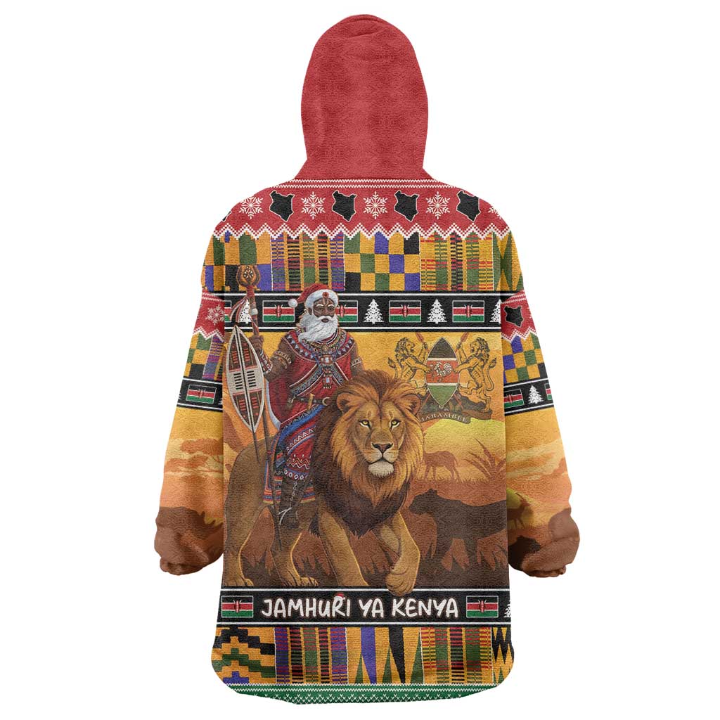 Kenya Safari Christmas Wearable Blanket Hoodie Black Santa Riding Lion - Heri ya Krismasi - Wonder Print Shop