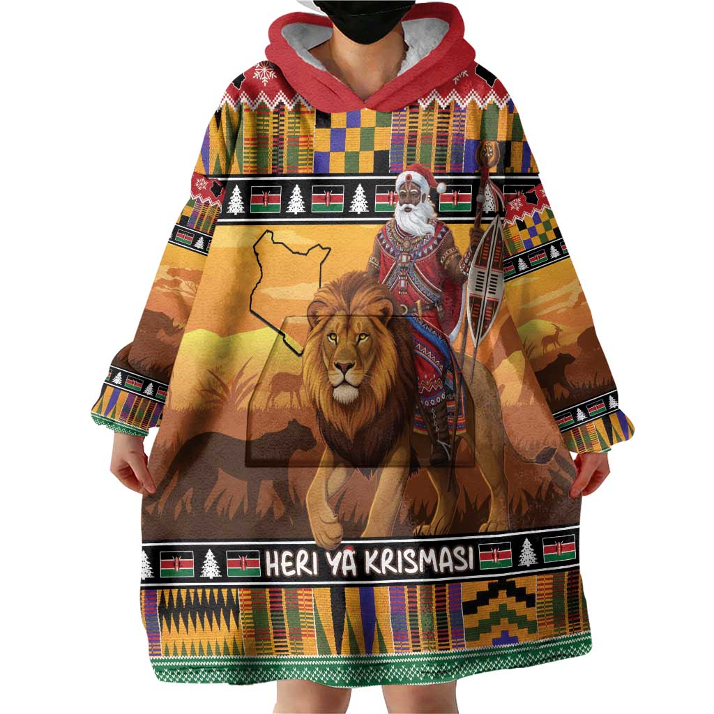 Kenya Safari Christmas Wearable Blanket Hoodie Black Santa Riding Lion - Heri ya Krismasi - Wonder Print Shop