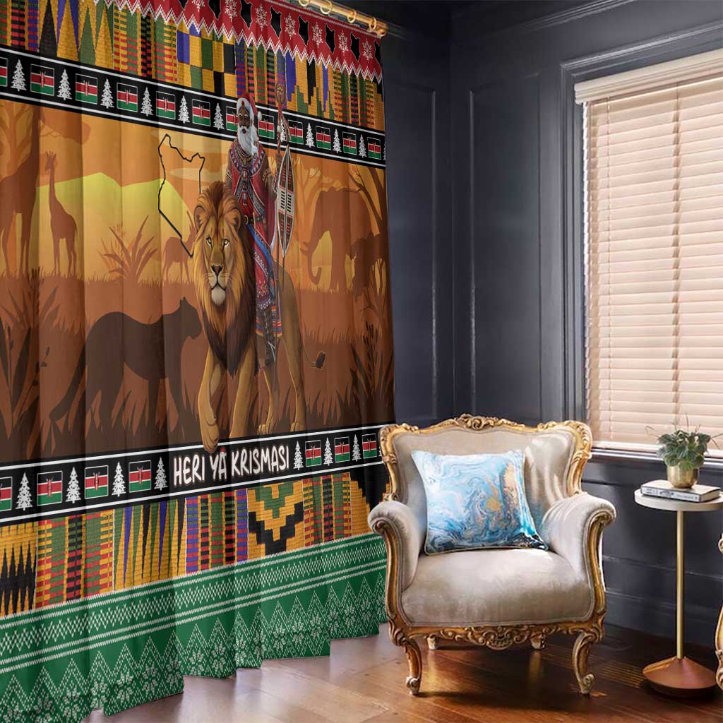Kenya Safari Christmas Window Curtain Black Santa Riding Lion - Heri ya Krismasi - Wonder Print Shop