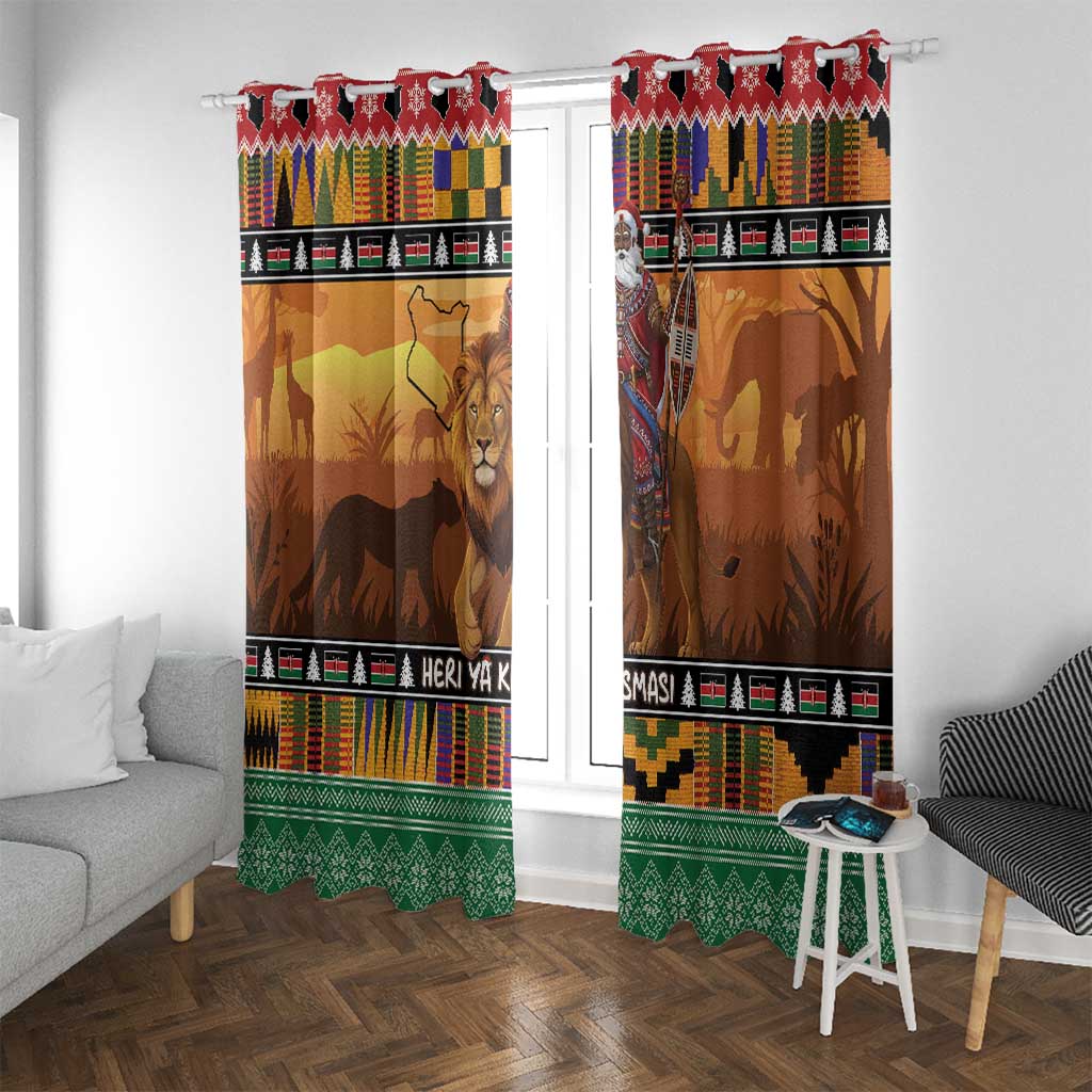 Kenya Safari Christmas Window Curtain Black Santa Riding Lion - Heri ya Krismasi - Wonder Print Shop
