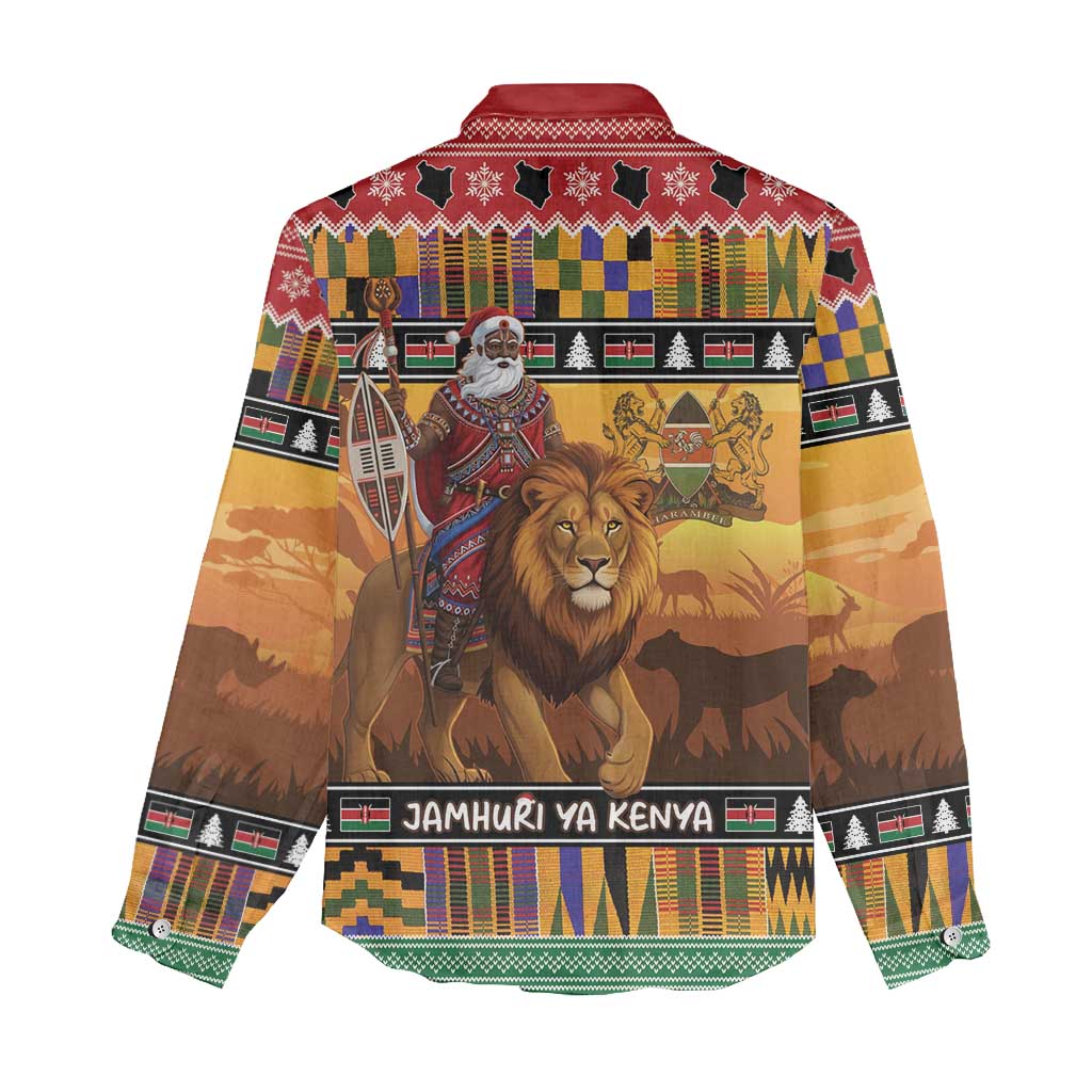 Kenya Safari Christmas Women Casual Shirt Black Santa Riding Lion - Heri ya Krismasi - Wonder Print Shop