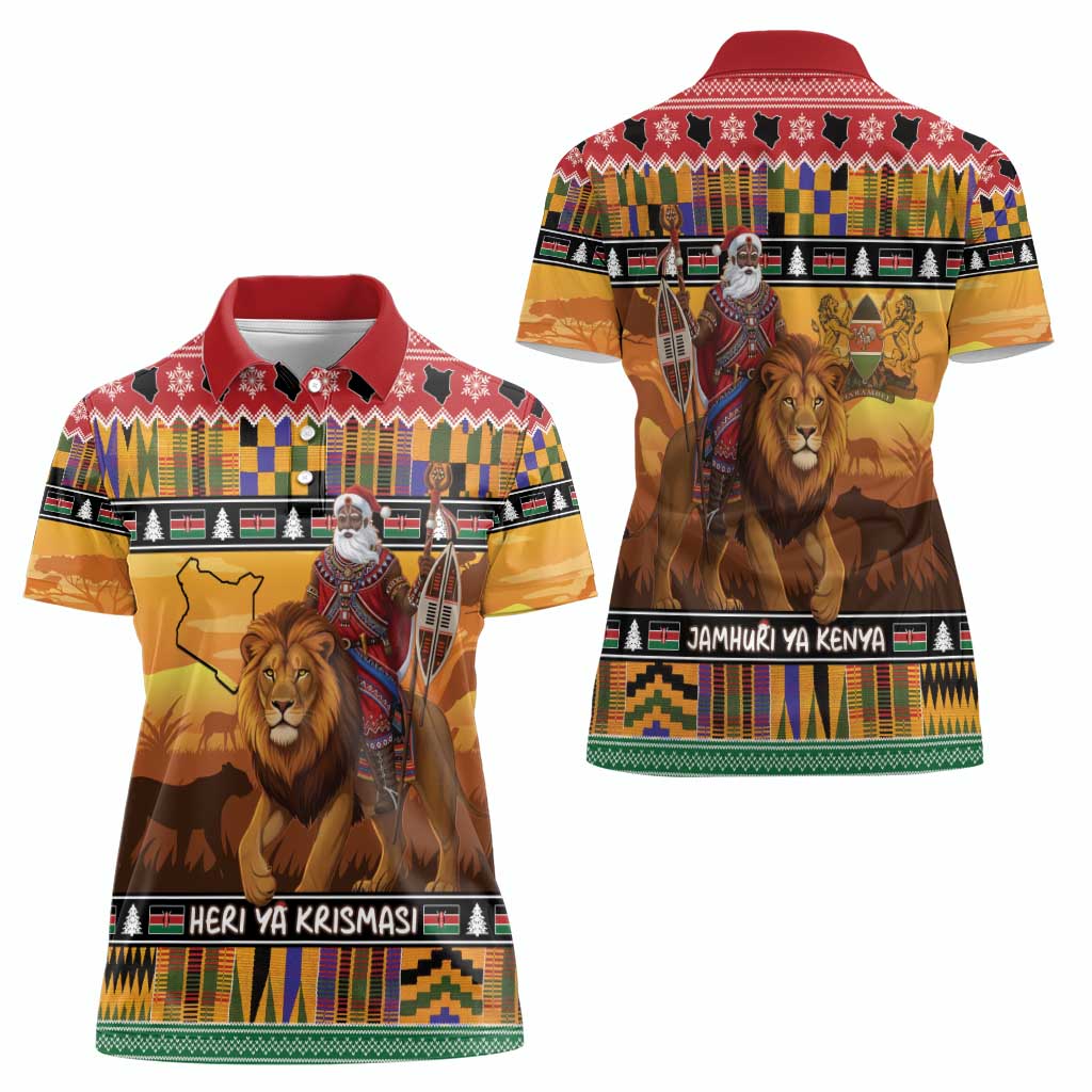 Kenya Safari Christmas Women Polo Shirt Black Santa Riding Lion - Heri ya Krismasi - Wonder Print Shop