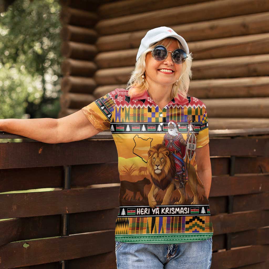 Kenya Safari Christmas Women Polo Shirt Black Santa Riding Lion - Heri ya Krismasi - Wonder Print Shop