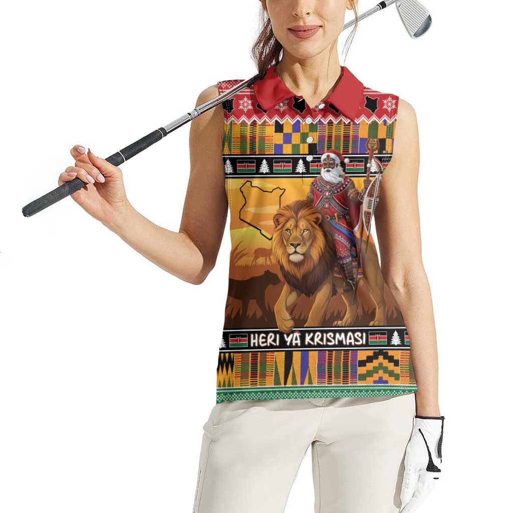 Kenya Safari Christmas Women Sleeveless Polo Shirt Black Santa Riding Lion - Heri ya Krismasi - Wonder Print Shop