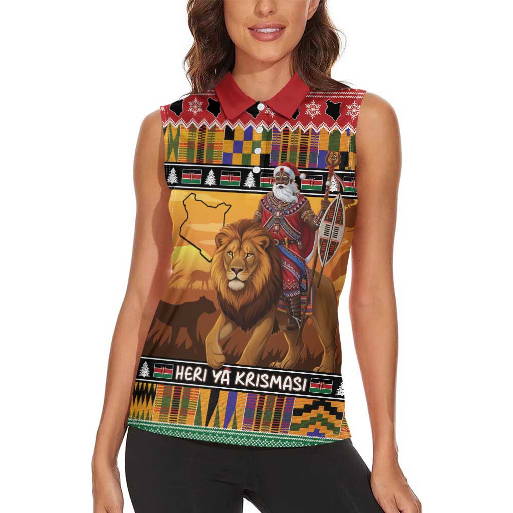 Kenya Safari Christmas Women Sleeveless Polo Shirt Black Santa Riding Lion - Heri ya Krismasi - Wonder Print Shop