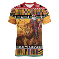 Kenya Safari Christmas Women V-Neck T-Shirt Black Santa Riding Lion - Heri ya Krismasi - Wonder Print Shop