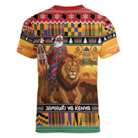 Kenya Safari Christmas Women V-Neck T-Shirt Black Santa Riding Lion - Heri ya Krismasi - Wonder Print Shop