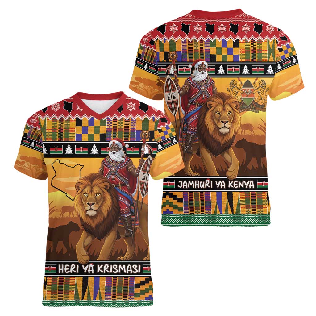 Kenya Safari Christmas Women V-Neck T-Shirt Black Santa Riding Lion - Heri ya Krismasi - Wonder Print Shop
