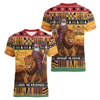 Kenya Safari Christmas Women V-Neck T-Shirt Black Santa Riding Lion - Heri ya Krismasi - Wonder Print Shop