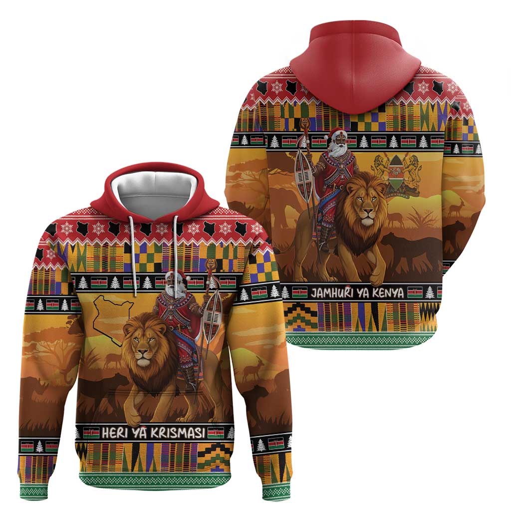 Kenya Safari Christmas Zip Hoodie Black Santa Riding Lion - Heri ya Krismasi - Wonder Print Shop