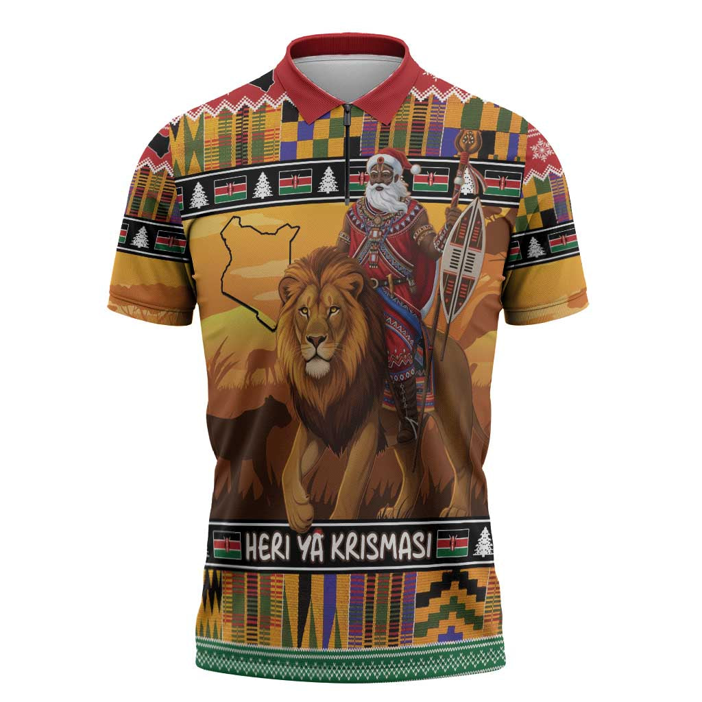 Kenya Safari Christmas Zipper Polo Shirt Black Santa Riding Lion - Heri ya Krismasi - Wonder Print Shop