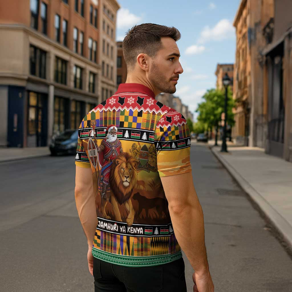 Kenya Safari Christmas Zipper Polo Shirt Black Santa Riding Lion - Heri ya Krismasi - Wonder Print Shop