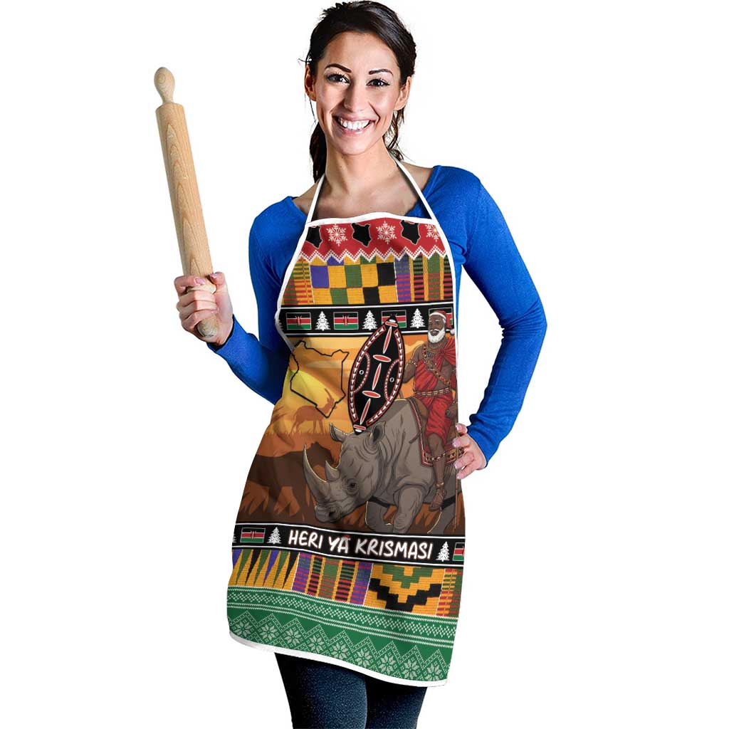 Kenya Safari Christmas Apron Black Santa Riding Rhinoceros - Heri ya Krismasi - Wonder Print Shop