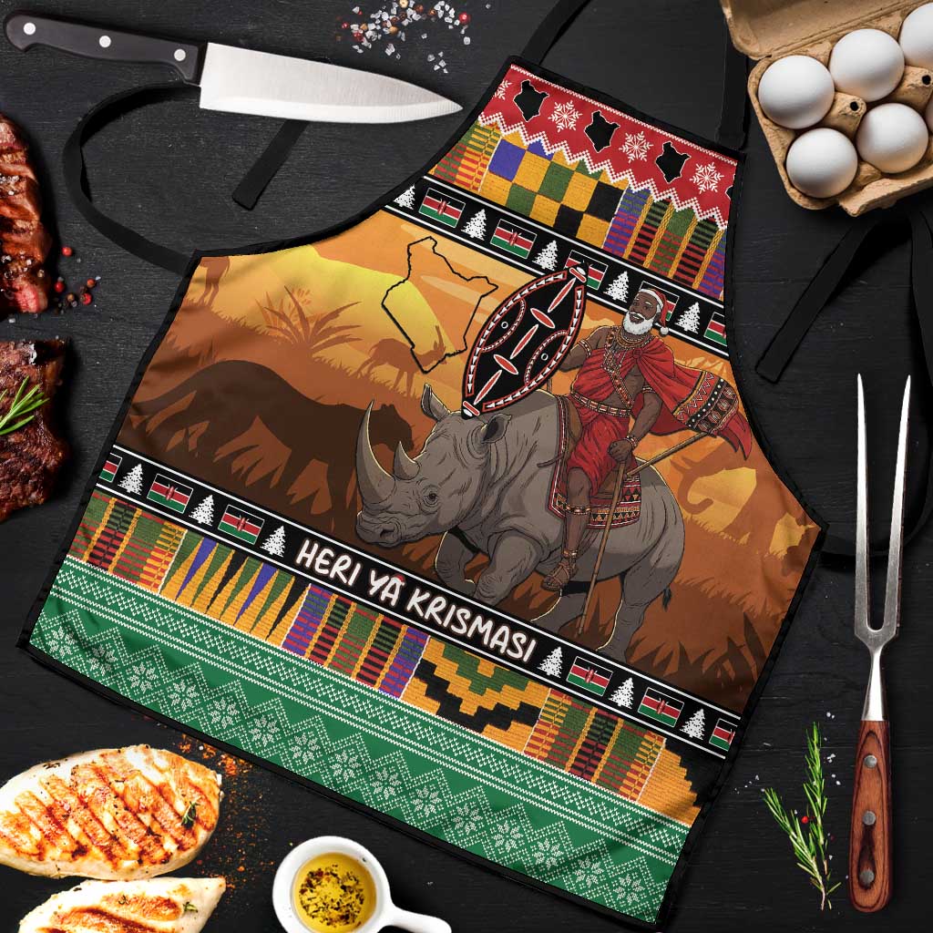 Kenya Safari Christmas Apron Black Santa Riding Rhinoceros - Heri ya Krismasi - Wonder Print Shop