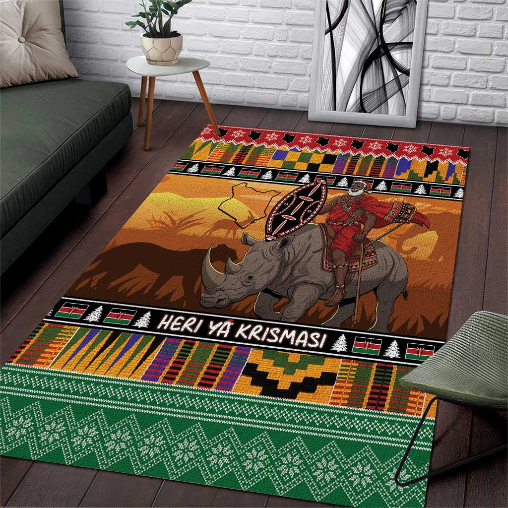 Kenya Safari Christmas Area Rug Black Santa Riding Rhinoceros - Heri ya Krismasi - Wonder Print Shop