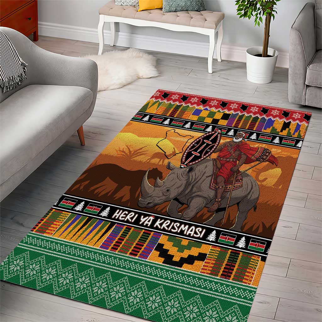 Kenya Safari Christmas Area Rug Black Santa Riding Rhinoceros - Heri ya Krismasi - Wonder Print Shop
