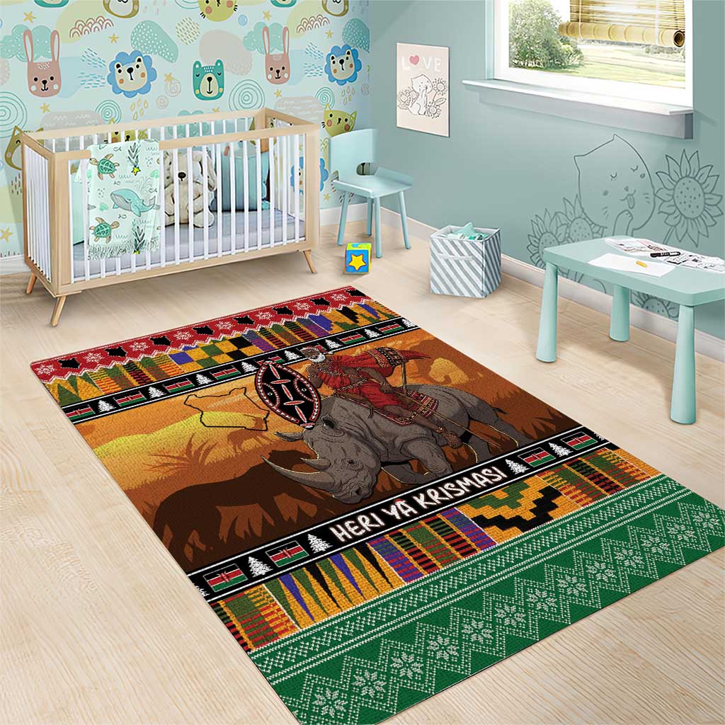 Kenya Safari Christmas Area Rug Black Santa Riding Rhinoceros - Heri ya Krismasi - Wonder Print Shop
