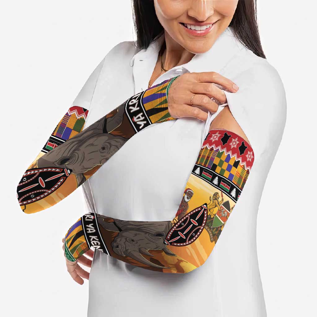 Kenya Safari Christmas Arm Sleeves Black Santa Riding Rhinoceros - Heri ya Krismasi - Wonder Print Shop