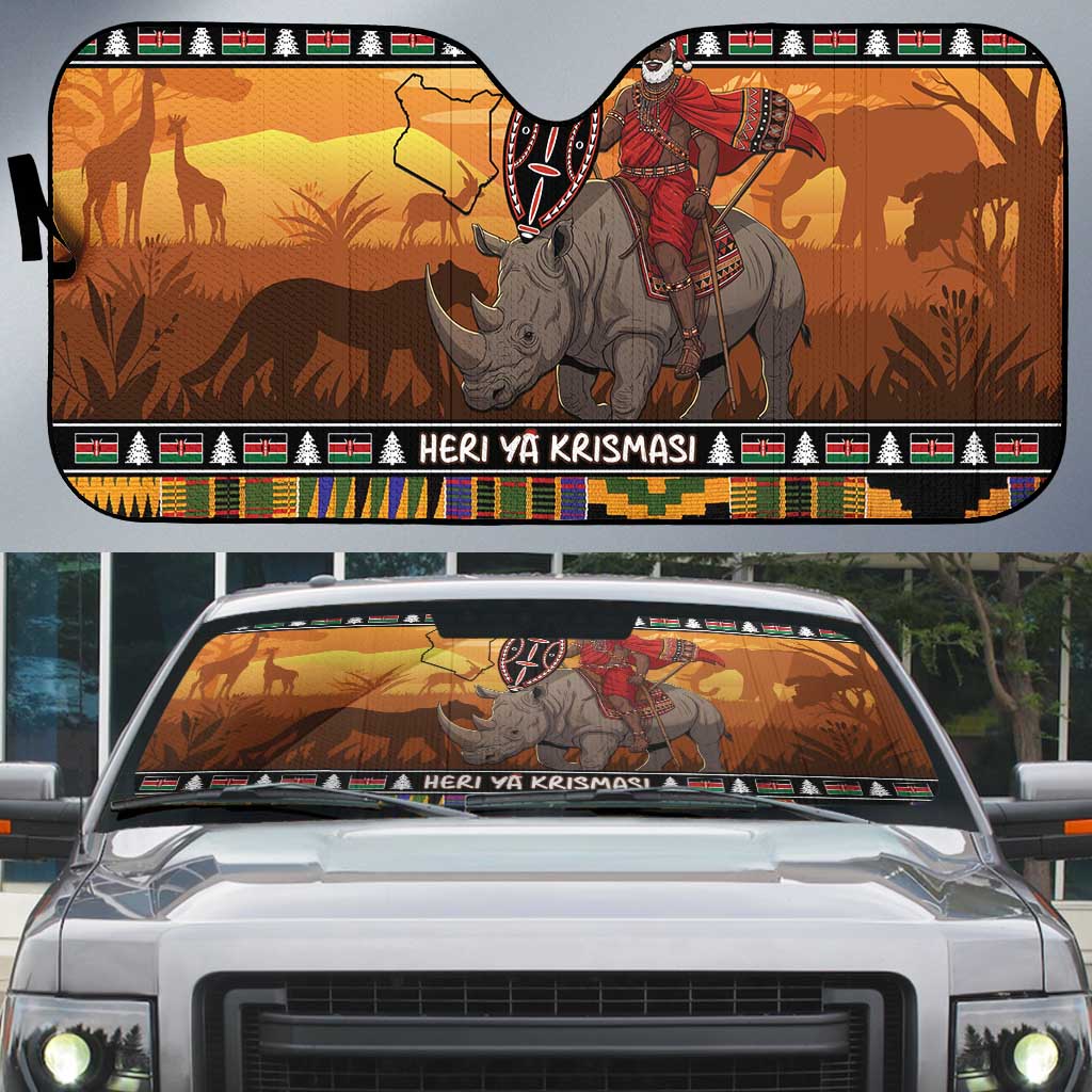 Kenya Safari Christmas Auto Sun Shade Black Santa Riding Rhinoceros - Heri ya Krismasi - Wonder Print Shop
