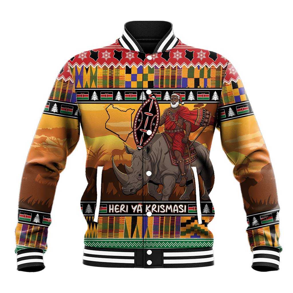 Kenya Safari Christmas Baseball Jacket Black Santa Riding Rhinoceros - Heri ya Krismasi - Wonder Print Shop