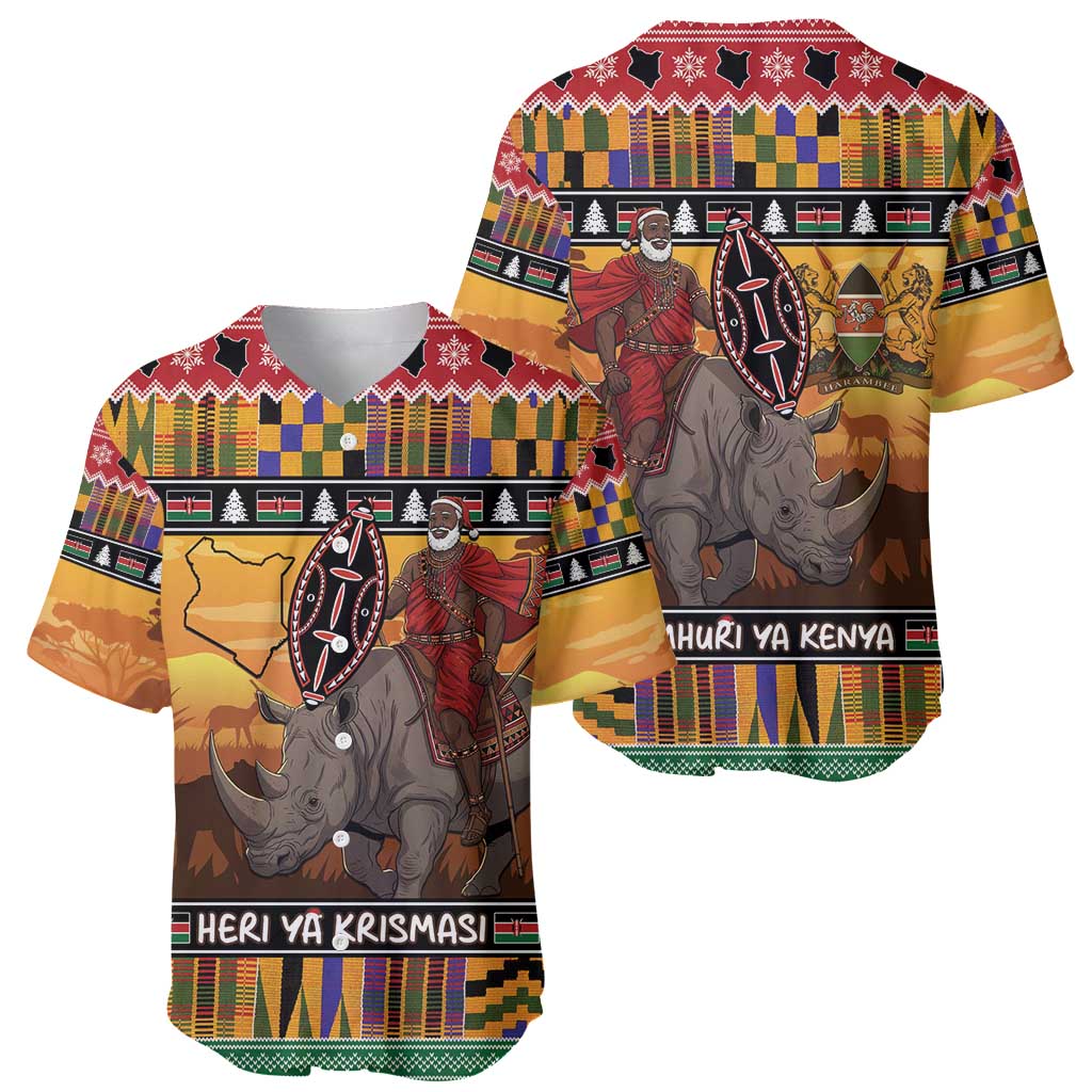 Kenya Safari Christmas Baseball Jersey Black Santa Riding Rhinoceros - Heri ya Krismasi - Wonder Print Shop