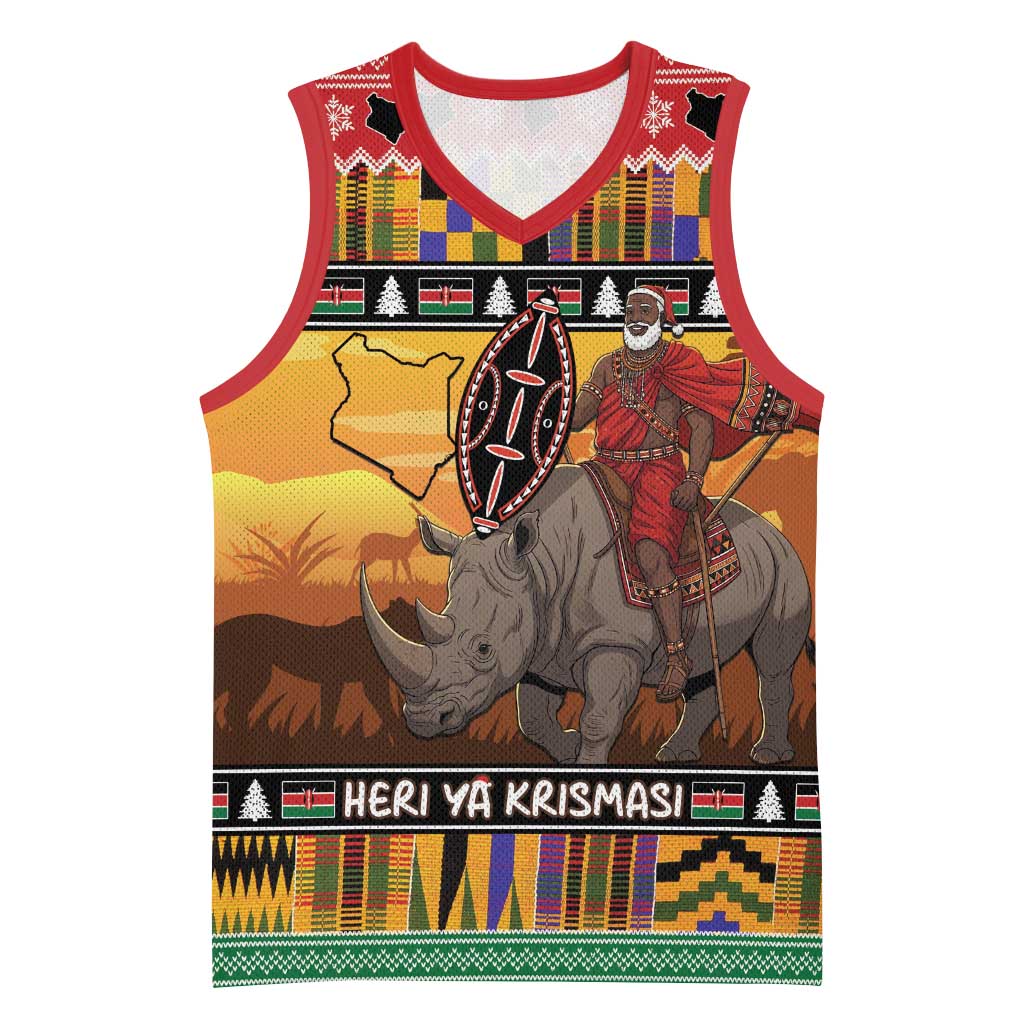 Kenya Safari Christmas Basketball Jersey Black Santa Riding Rhinoceros - Heri ya Krismasi - Wonder Print Shop
