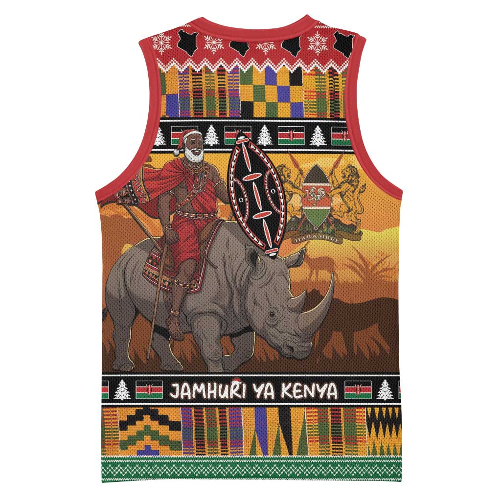 Kenya Safari Christmas Basketball Jersey Black Santa Riding Rhinoceros - Heri ya Krismasi - Wonder Print Shop