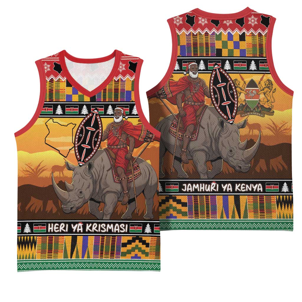 Kenya Safari Christmas Basketball Jersey Black Santa Riding Rhinoceros - Heri ya Krismasi - Wonder Print Shop