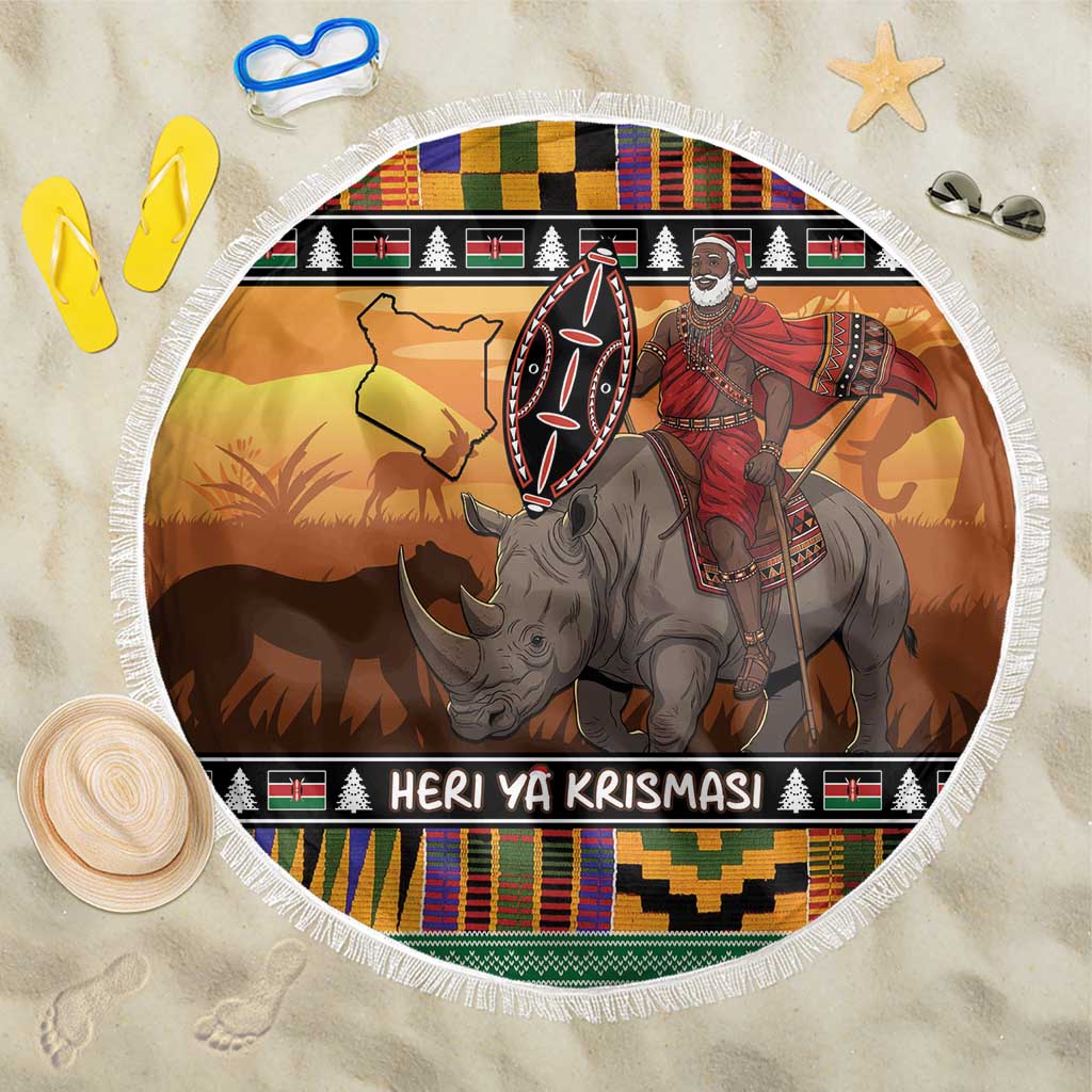 Kenya Safari Christmas Beach Blanket Black Santa Riding Rhinoceros - Heri ya Krismasi - Wonder Print Shop