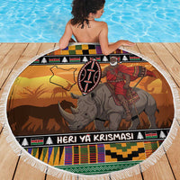 Kenya Safari Christmas Beach Blanket Black Santa Riding Rhinoceros - Heri ya Krismasi - Wonder Print Shop