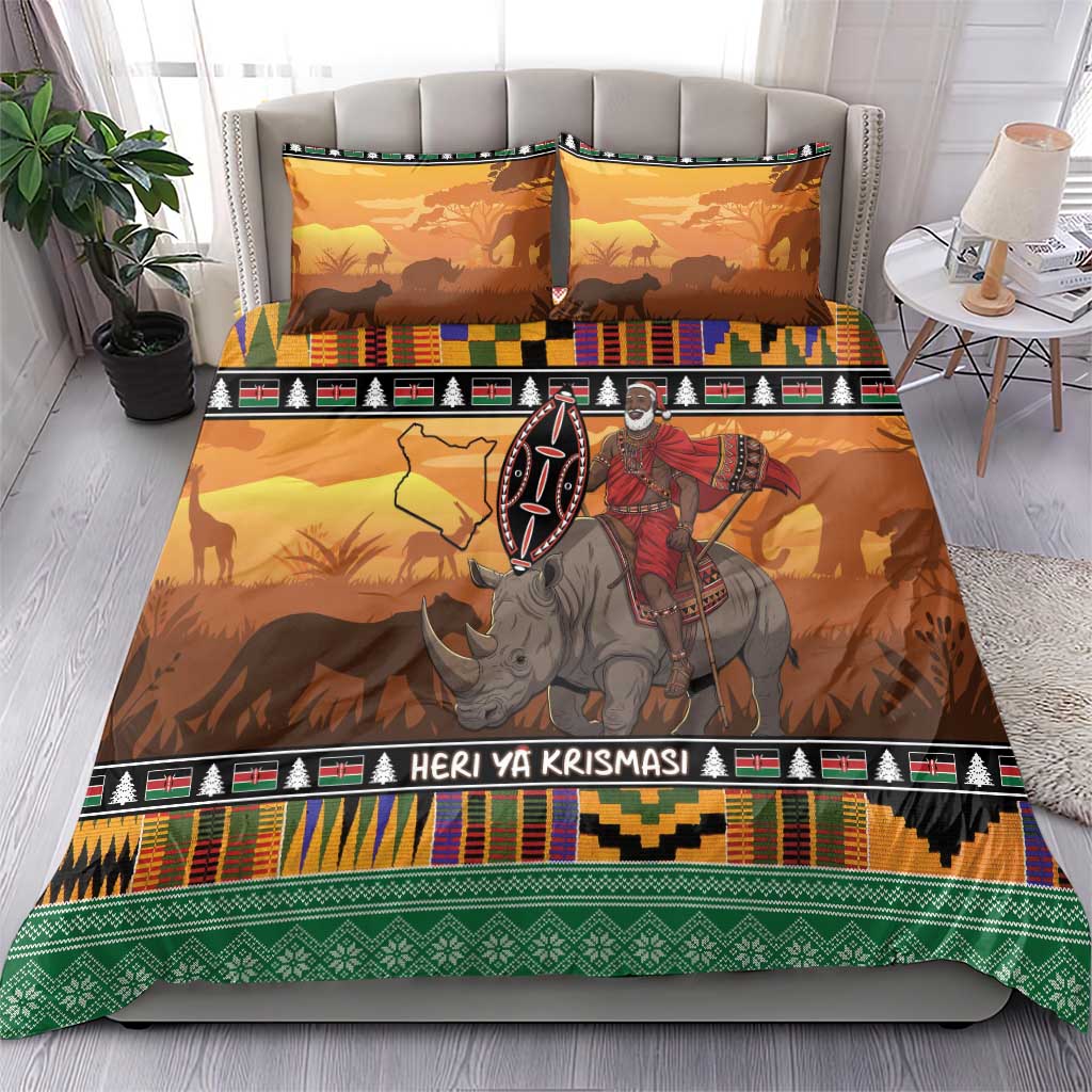 Kenya Safari Christmas Bedding Set Black Santa Riding Rhinoceros - Heri ya Krismasi - Wonder Print Shop