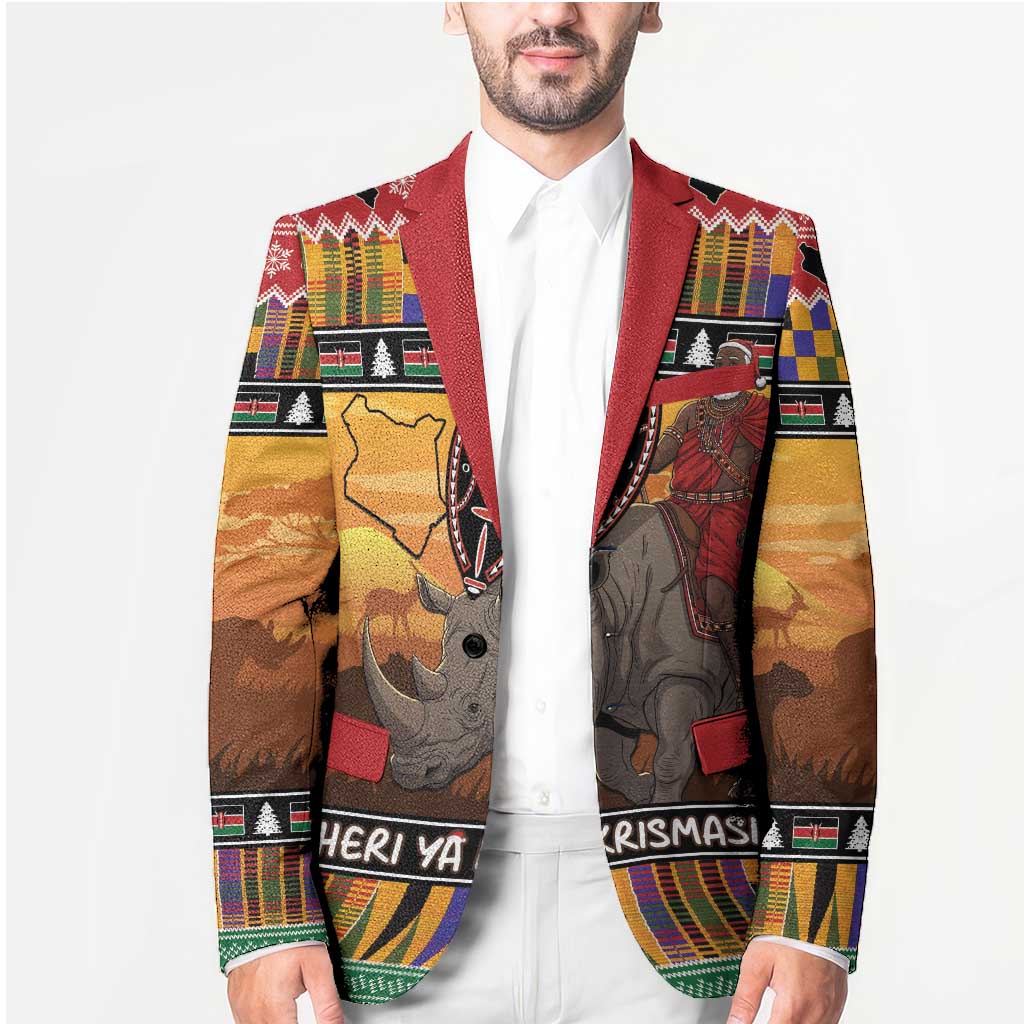 Kenya Safari Christmas Blazer Black Santa Riding Rhinoceros - Heri ya Krismasi - Wonder Print Shop