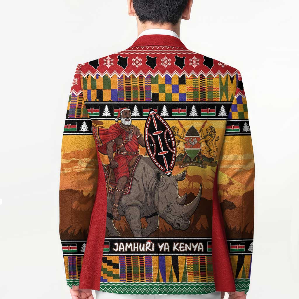 Kenya Safari Christmas Blazer Black Santa Riding Rhinoceros - Heri ya Krismasi - Wonder Print Shop