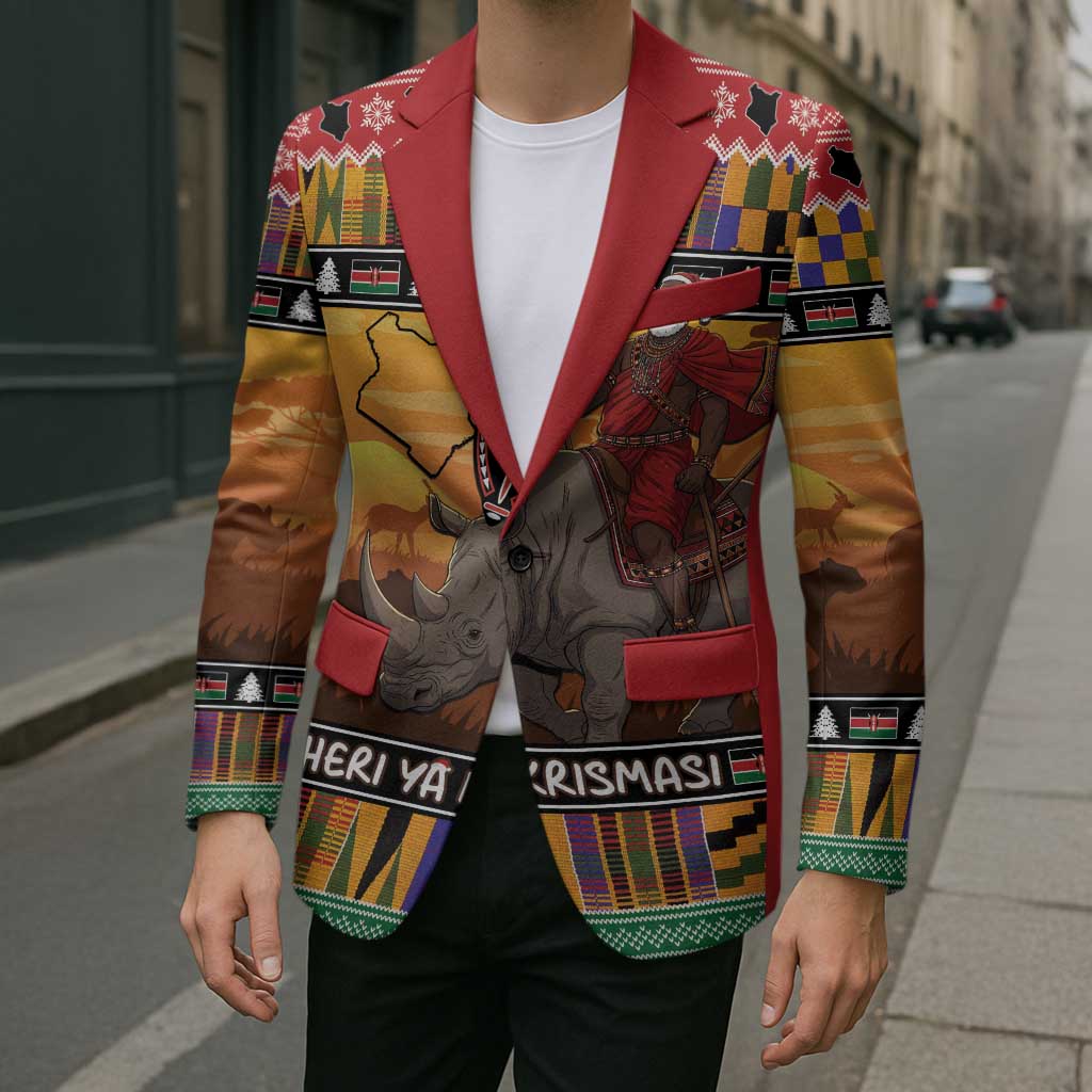 Kenya Safari Christmas Blazer Black Santa Riding Rhinoceros - Heri ya Krismasi - Wonder Print Shop