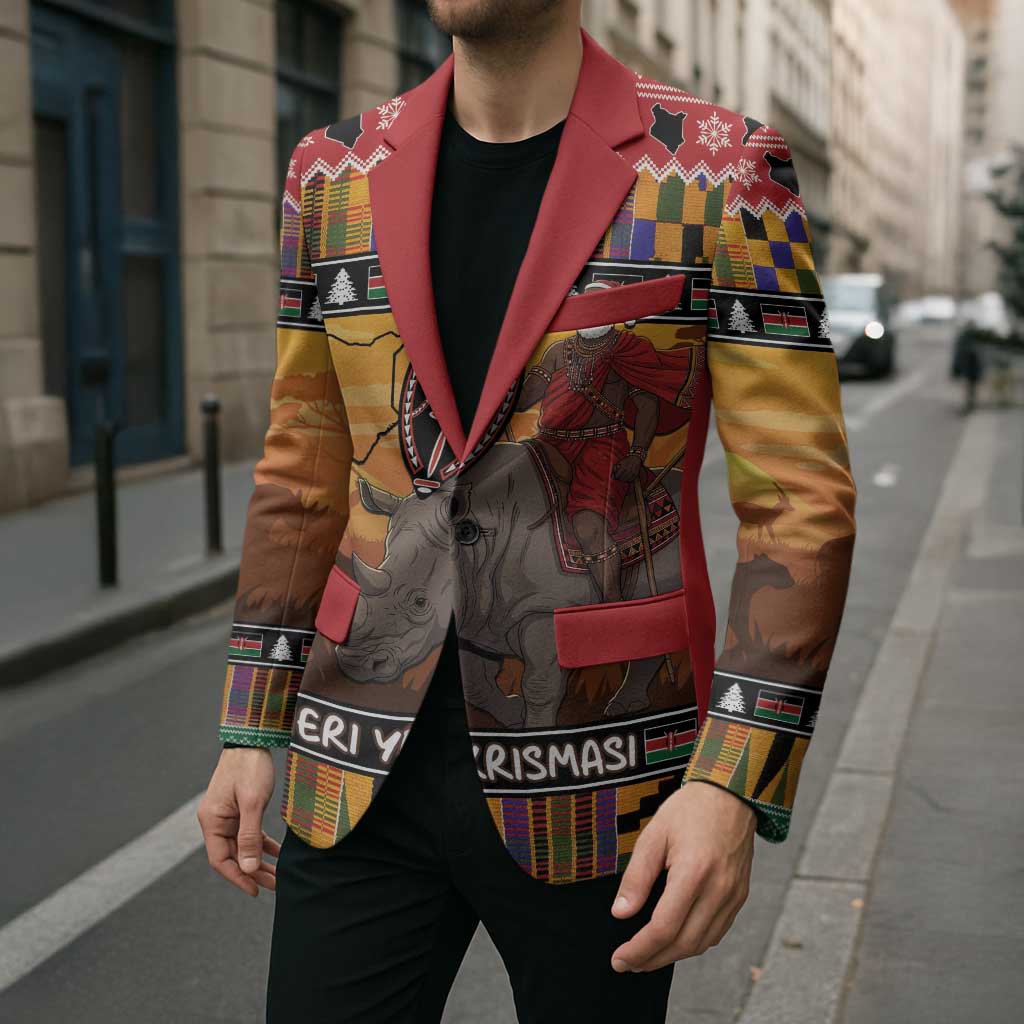 Kenya Safari Christmas Blazer Black Santa Riding Rhinoceros - Heri ya Krismasi - Wonder Print Shop