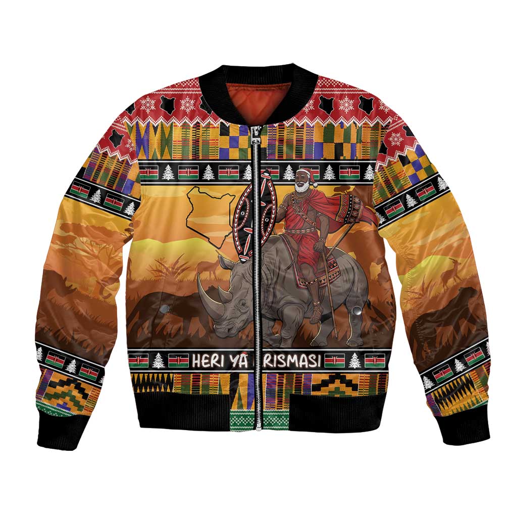 Kenya Safari Christmas Bomber Jacket Black Santa Riding Rhinoceros - Heri ya Krismasi - Wonder Print Shop