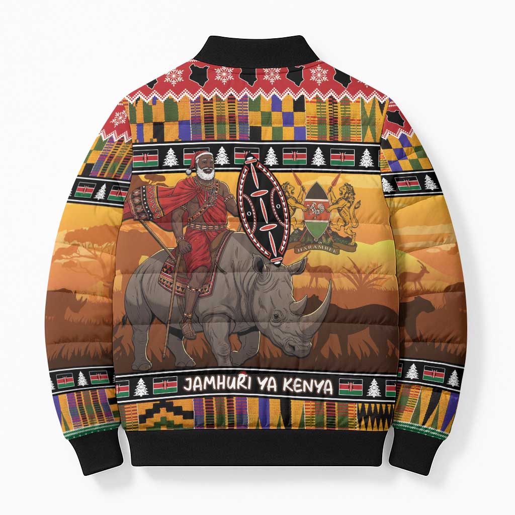 Kenya Safari Christmas Bomber Puffer Jacket Black Santa Riding Rhinoceros - Heri ya Krismasi - Wonder Print Shop