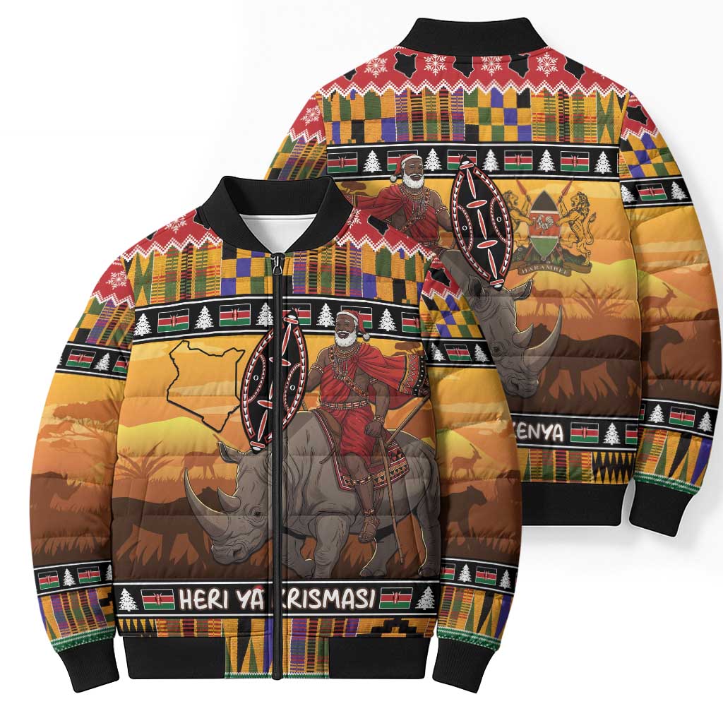 Kenya Safari Christmas Bomber Puffer Jacket Black Santa Riding Rhinoceros - Heri ya Krismasi - Wonder Print Shop