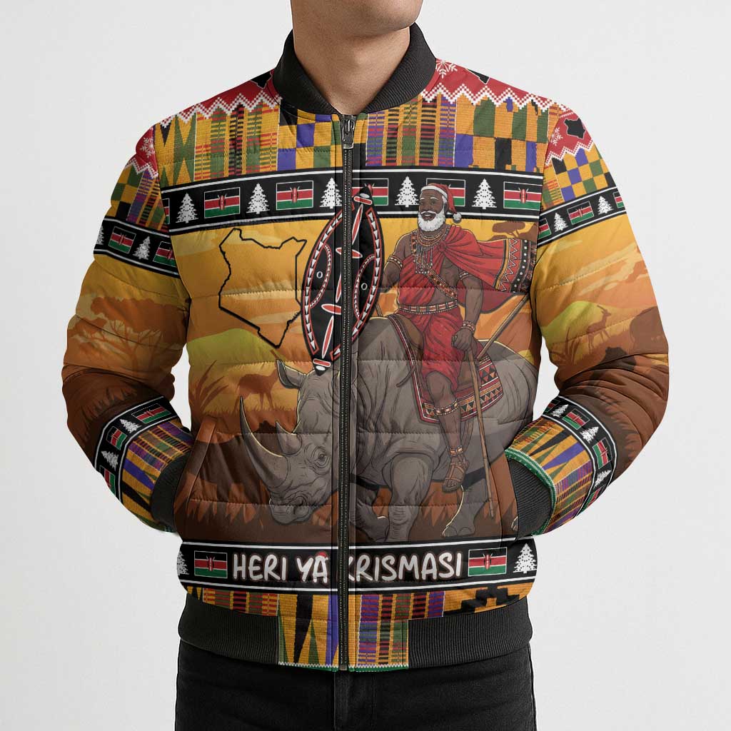 Kenya Safari Christmas Bomber Puffer Jacket Black Santa Riding Rhinoceros - Heri ya Krismasi - Wonder Print Shop