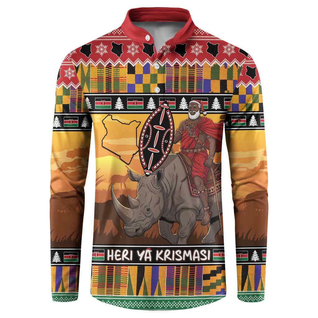 Kenya Safari Christmas Button Sweatshirt Black Santa Riding Rhinoceros - Heri ya Krismasi - Wonder Print Shop