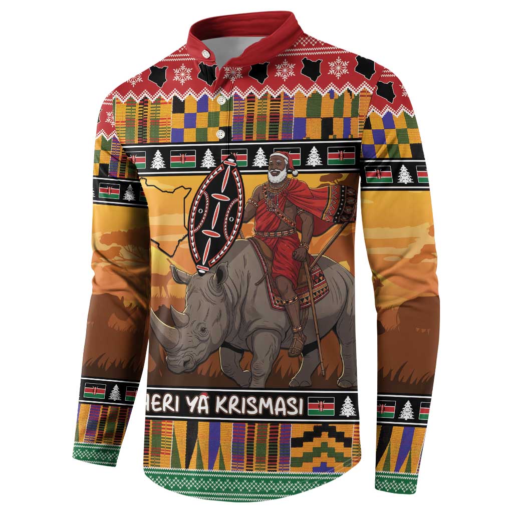 Kenya Safari Christmas Button Sweatshirt Black Santa Riding Rhinoceros - Heri ya Krismasi - Wonder Print Shop