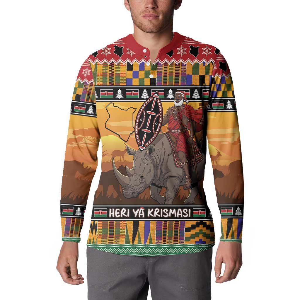 Kenya Safari Christmas Button Sweatshirt Black Santa Riding Rhinoceros - Heri ya Krismasi - Wonder Print Shop
