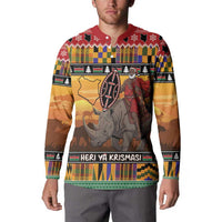 Kenya Safari Christmas Button Sweatshirt Black Santa Riding Rhinoceros - Heri ya Krismasi - Wonder Print Shop