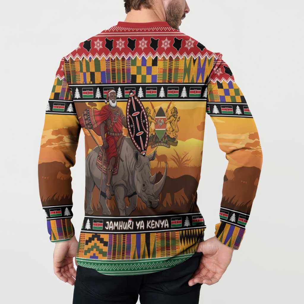 Kenya Safari Christmas Button Sweatshirt Black Santa Riding Rhinoceros - Heri ya Krismasi - Wonder Print Shop