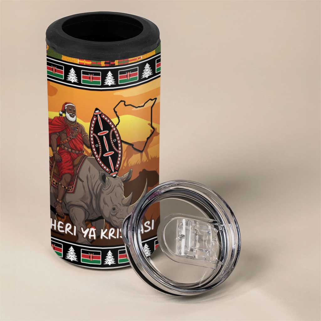 Kenya Safari Christmas 4 in 1 Can Cooler Tumbler Black Santa Riding Rhinoceros - Heri ya Krismasi - Wonder Print Shop