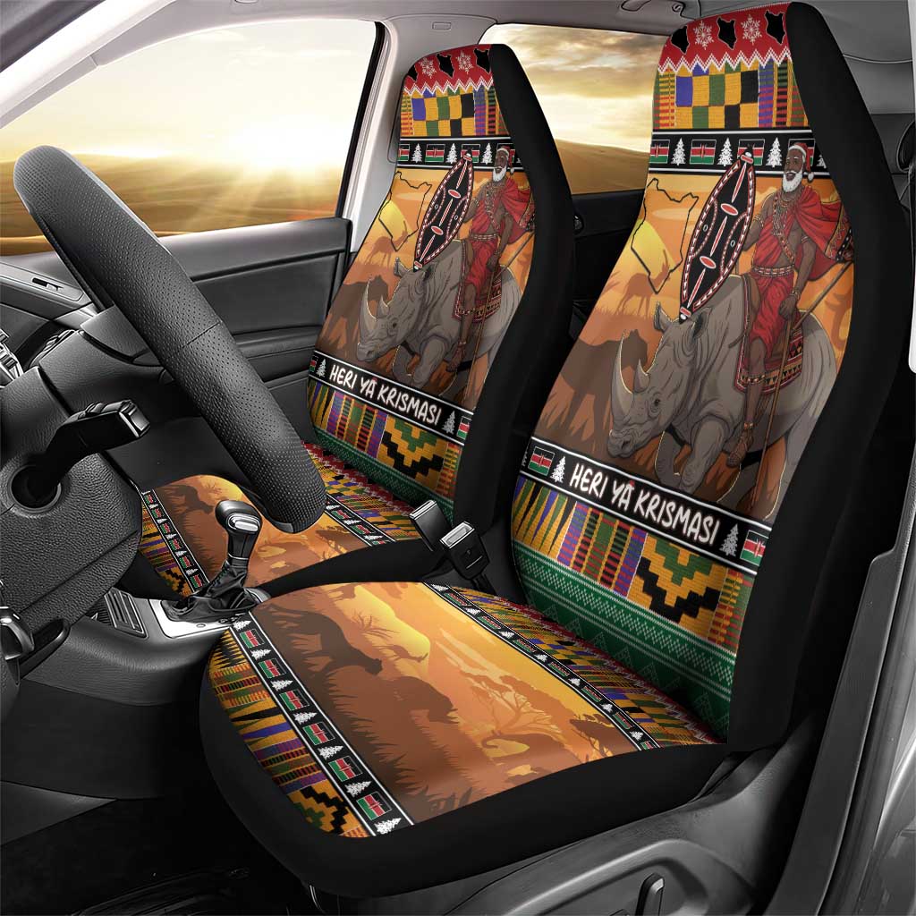 Kenya Safari Christmas Car Seat Cover Black Santa Riding Rhinoceros - Heri ya Krismasi - Wonder Print Shop