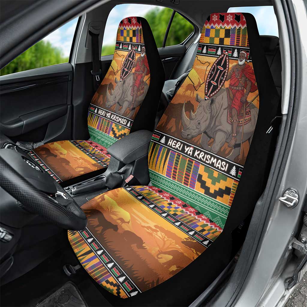Kenya Safari Christmas Car Seat Cover Black Santa Riding Rhinoceros - Heri ya Krismasi - Wonder Print Shop