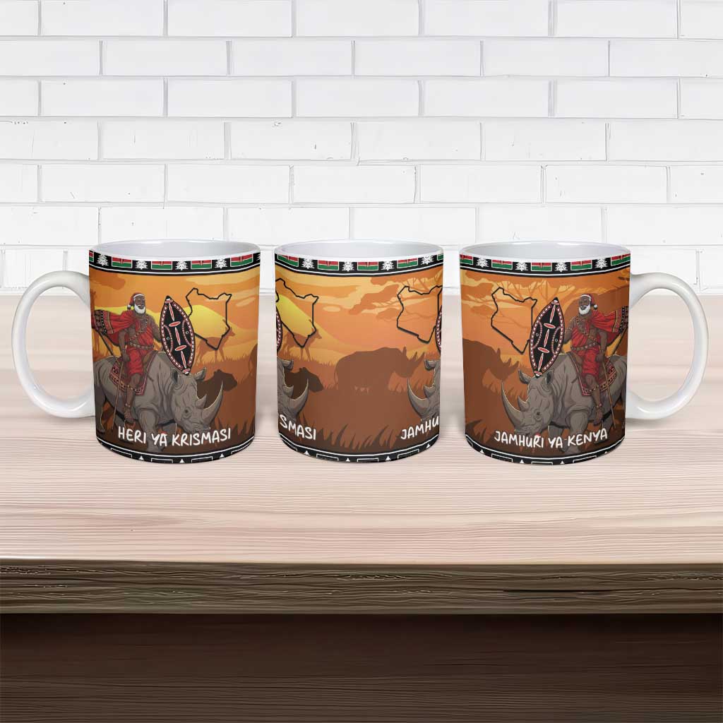 Kenya Safari Christmas Ceramic Mug Black Santa Riding Rhinoceros - Heri ya Krismasi - Wonder Print Shop