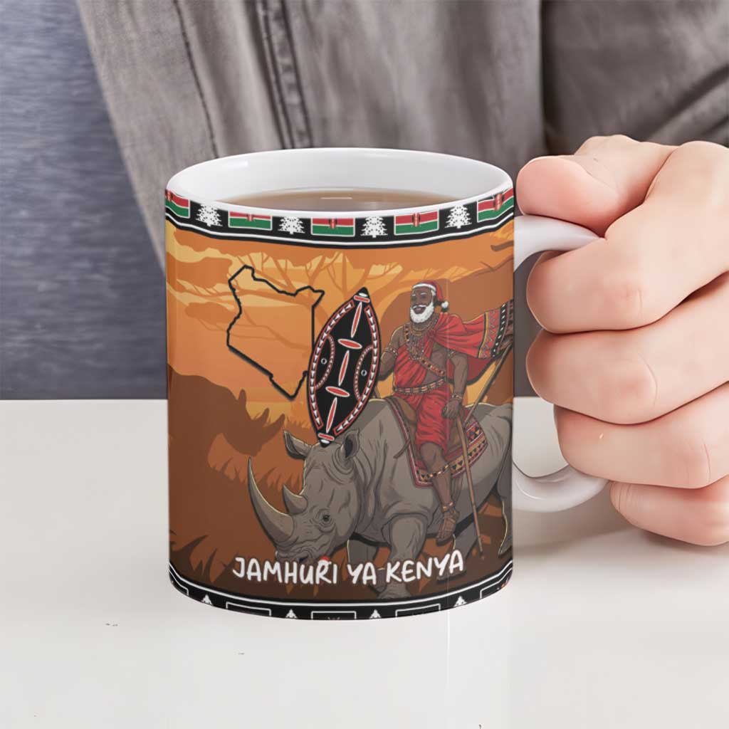 Kenya Safari Christmas Ceramic Mug Black Santa Riding Rhinoceros - Heri ya Krismasi - Wonder Print Shop